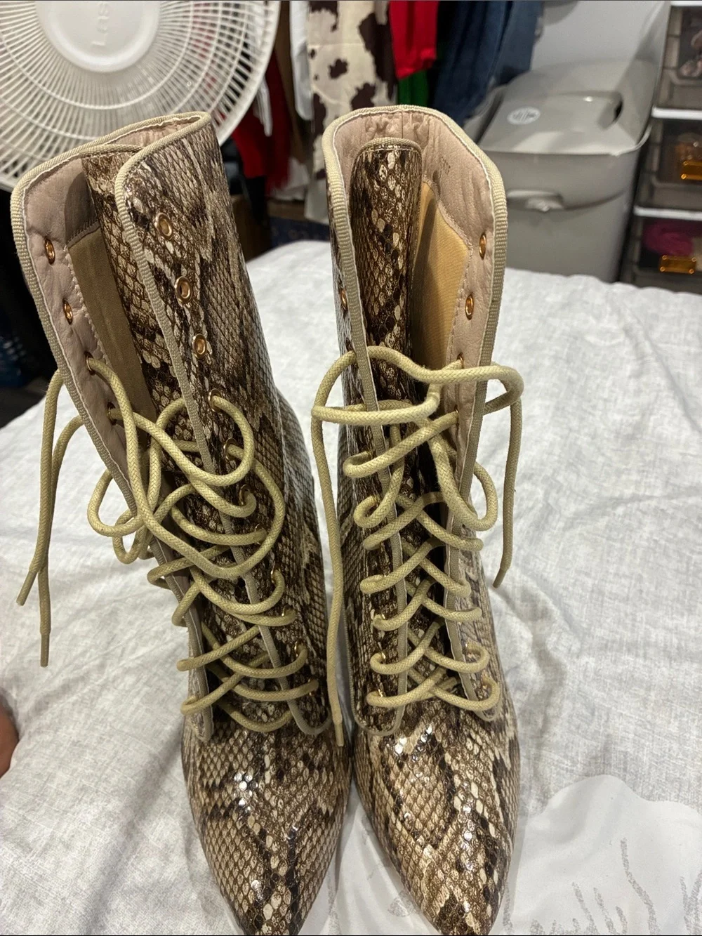 Snake-Print Lace-Up Block Heel Boots in Brown